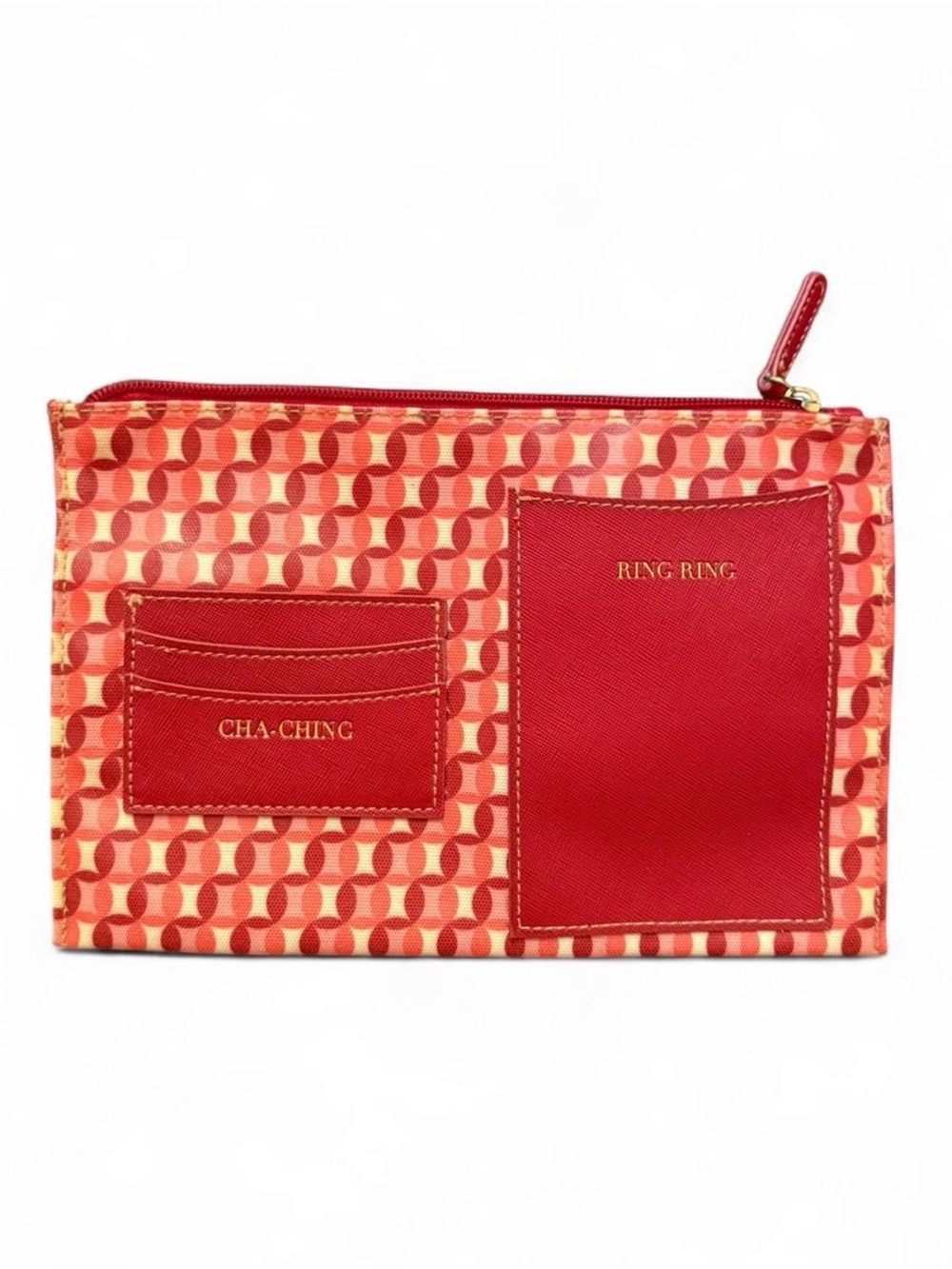 PURSE INSERT Red and pink coated canvas pouch with geometric pattern.